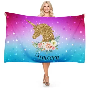 Serviette de plage enfant, thème licorne, doré