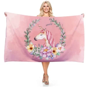 Serviette de plage enfant, thème licorne, rose