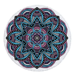 Serviette de plage ronde, thème mandala bleu, modèle 2