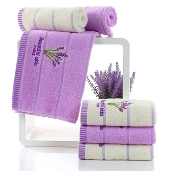 Lot serviette de bain, ensemble de deux pièces, beige ou violet en coton