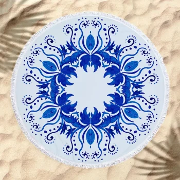 Serviette de plage ronde, thème mandala bleu, 5 modèles durable Serviette de plage ronde, thème mandala bleu, 5 modèles durable